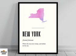 funny new york definition print  new york canvas  minimalist state map  watercolor state silhouette  modern travel  word