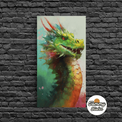 high quality decorative wall art, framed dragon print, watercolor painting of a beautiful dragon, canvas print, canvas a
