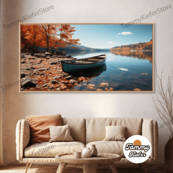 high quality decorative wall art, pacific northwest photography print, beautiful lake with canoe in the fall, framed can