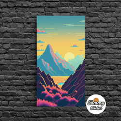 high quality decorative wall art, peach sunset, fantasy mountain landscape art, framed canvas print, minimalist art deco