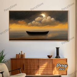 row boat on a lake canvas print, sunset, watercolor, nature panoramic canvas print