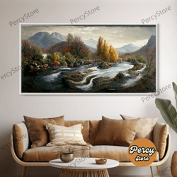 scenic nature landscape canvas print, flowing river water color, fall scenic art, panoramic nature landscape