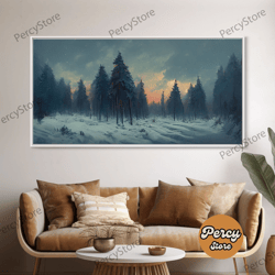 snowy forest, dreamy landscape painting canvas print, country side, farmhouse decor, beautiful scenic wall art, golden h