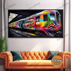 subway car graffiti art, wall decor, train box car, ready to hang canvas print wall art, rainbow train wall art