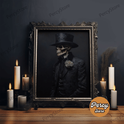 the dapper skeleton, spooky halloween wall art, canvas print, framed halloween canvas print, dark academia, goth art