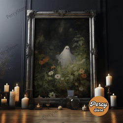 the ghost and the cake, funny halloween art, framed canvas print