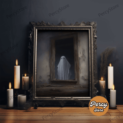 the ghost in the mirror, ghost print, framed canvas, halloween canvas print, horror print, macabre dark academia wall ar