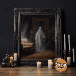 the ghost in the window, funny halloween art, ghost print, framed canvas art