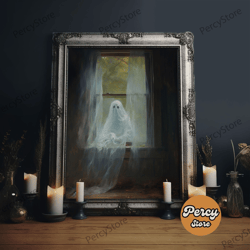 the ghost in the window, vintage canvas, art canvas print, dark academia, haunting ghost, halloween decor, spooky gothic