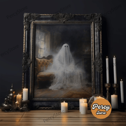 the ghost with the flowers, halloween canvas print, framed canvas, unique wall art, goth art, dark academia, witch art,