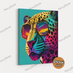 too cool for school, leopard wearing sunglasses, cool animal prints, synthwave art, framed canvas prints