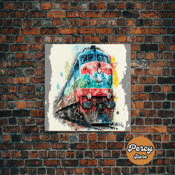 train art, watercolor, graffiti pop art, framed canvas print, modern passenger train wall decor, train conductor art-1