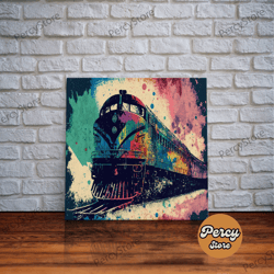 train art, watercolor, graffiti pop art, framed canvas print, modern passenger train wall decor, train conductor art