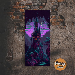 transylvania art, cool medieval castle 8 bit pixel art, fantasy art, framed canvas print, cool castle art