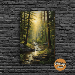 trees art print, forest sunset wall art, stream wall print, canvas print, wall art, vertical art, anniversary gift, fami