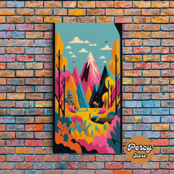 trendy pop art, surreal abstract mountain landscape, fantasy decor, framed canvas print