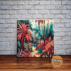 tropical jungle paradise watercolor, framed canvas print, canvas art, colorful jungle painting