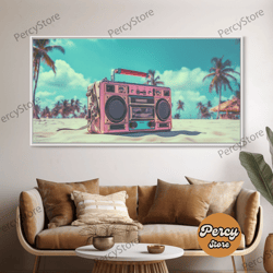 vaporwave boombox on the beach wall art, framed canvas print, 1980s inspired home decor, retro art, 80s decor, aesthetic