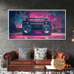 vaporwave boombox wall art, framed canvas print, 1980s inspired home decor, retro art, 80s decor