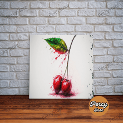 watercolor cherry, still life paint splatter art, framed canvas print, fruit art, cherries with stems watercolor paintin
