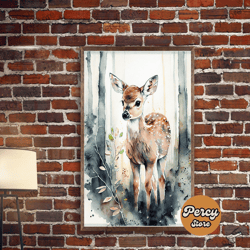 watercolor fawn baby deer woods forest fine art print, wall decor, wall poster, wall art print