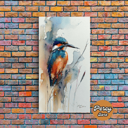 watercolor of a kingfisher, framed canvas print, bird painting, bird watcher art, blue and orange kingfisher watercolor