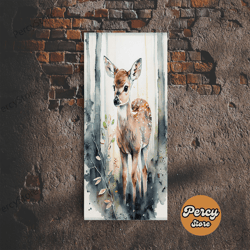 watercolor portrait of a deer fawn, framed canvas print