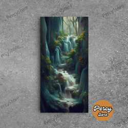 waterfall painting canvas print, fantasy wall art, watercolor print, high fantasy, nature landscape wall art for living