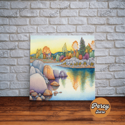 whimsical light tones watercolor landscape, framed canvas print, watercolor painting, cottagecore, farmhouse artt