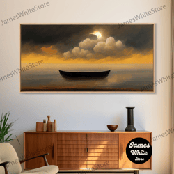 framed canvas ready to hang, row boat on a lake canvas print, sunset, watercolor, nature panoramic canvas print