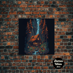 framed canvas ready to hang, secluded log cabin in the woods with a waterfall behind it, 8 bit pixel art, framed canvas