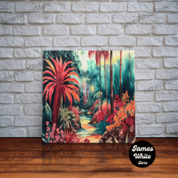 framed canvas ready to hang, tropical jungle paradise watercolor, framed canvas print, canvas art, colorful jungle paint