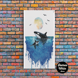 framed canvas ready to hang, watercolor orca painting - killer whales - whale nursery, whale art, whale print, orca whal