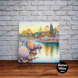 framed canvas ready to hang, whimsical light tones watercolor landscape, framed canvas print, watercolor painting, cotta