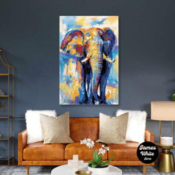 brush marks blue and yellow elephant masquerade animal roll up canvas, stretched canvas art, framed wall art painting
