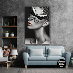 butterfly eyed woman with red lipstick model woman 1 roll up canvas, stretched canvas art, framed wall art painting