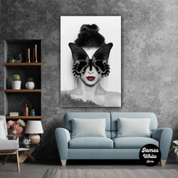 butterfly face female model red lipstick mask roll up canvas, stretched canvas art, framed wall art painting