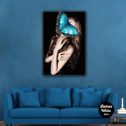 butterfly face woman model red lipstick roll up canvas, stretched canvas art, framed wall art painting