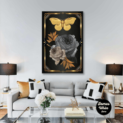 butterfly gray and beige roses decorative in golden frame roll up canvas, stretched canvas art, framed wall art painting