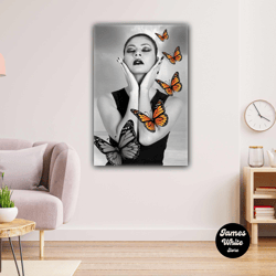 butterfly pattern woman model woman makeup roll up canvas, stretched canvas art, framed wall art painting