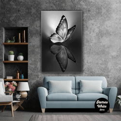 butterfly reflection symmetry black white modern decorative roll up canvas, stretched canvas art, framed wall art painti