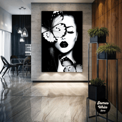 butterfly woman wall art, woman wall art, living room wall decor, roll up canvas, stretched canvas art, framed wall art
