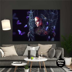 butterfly woman with pearl makeup model decoration modern woman roll up canvas, stretched canvas art, framed wall art pa