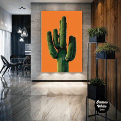 cactus wall art, orange canvas art, modern wall art decor, roll up canvas, stretched canvas art, framed wall art paintin
