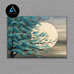 decorative wall art, tree and moon wall art, moon poster, green tree landscape canvas art, blue tree and full moon rolle