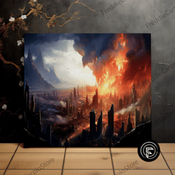 city ablaze, apocalyptic landscape, fantasy art, inferno, scenic wall art, canvas art, canvas print, ready to hang