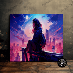 city kid looking over the city, cyberpunk, netrunner, beautiful landscape, scenic wall art, canvas art, canvas print, re