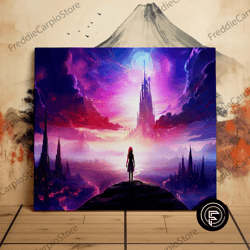 girl looking out on a mystical valley, fantasy castle, beautiful landscape, scenic wall art, canvas art, canvas print, r