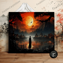 japanese moonlight over the village, mystical art, fantasy landscape, scenic wall art, canvas art, canvas print, ready t