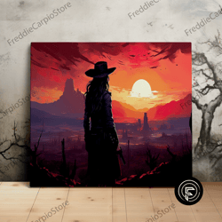 lone cowgirl in the desert, desertpunk, western art, beautiful nature landscape, scenic wall art, canvas art, canvas pri